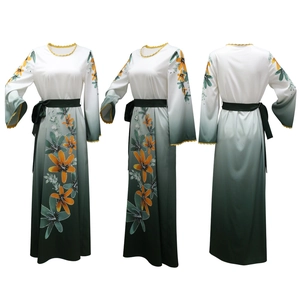Detailed view of floral gradient long dress with rhinestone accents and waist belt
