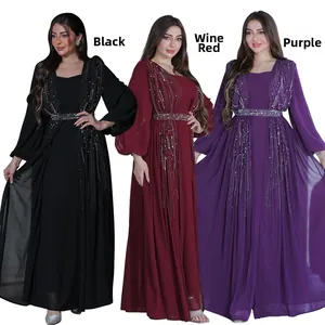 Detailed comparison of long evening dresses in black, wine red, and purple with sequined belts