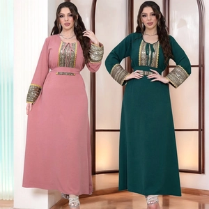 Women Sequin Jalabiya Dress Ethnic Muslim Kaftan Abaya Lace Long Sleeve Patchwork Evening Gown Banquet Party Maxi Dress