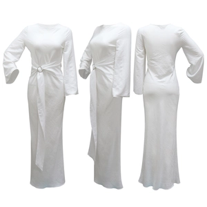 Detailed views of white long-sleeve maxi dress with waist metal ring and side-tie knot