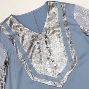 Detail eines Satin-Kleides mit V-Ausschnitt, silbernen Paneelen und Paillettenstickerei