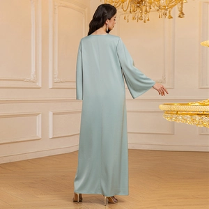 Elegant sage green satin long dress with a smooth glossy finish and loose silhouette