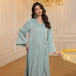 Elegant mint green satin maxi dress with V-neck and sparkling rhinestone embellishments