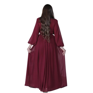 Rear view of long sleeve burgundy rhinestone maxi evening gown with matching belt