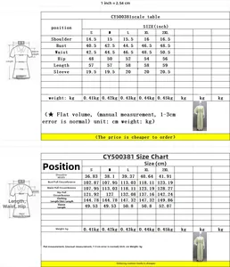 Detailed size chart for chiffon dress showing measurements in inches and centimeters