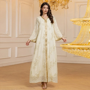 Elegant Cream Kaftan Abaya For Women Sequin Jacquard Chiffon Floral Embroidery Long Sleeve Maxi Dress Party Banquet Gown