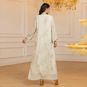 Elegant cream jacquard abaya dress with floral sequin embroidery and long sleeves