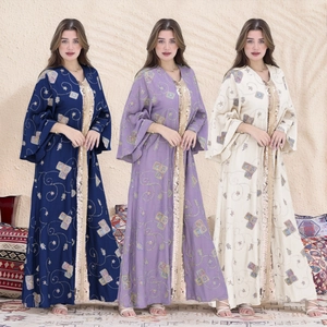 Elegant Women Ethnic Embroidery Abaya Golden Sequin Trim Kaftan Maxi Dress Flare Sleeve Muslim Party Robe Purple Cream