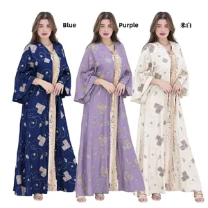 Detailed embroidery and sequins on blue, purple, and cream ethnic kaftan abaya dresses