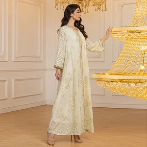 Elegant cream-colored Abaya robe with gold jacquard and floral appliques for evening wear