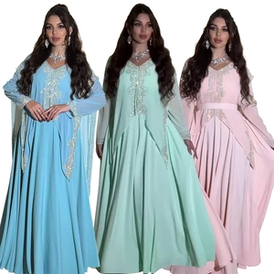 Elegant Chiffon Kaftan Maxi Dress With Hot-Fix Rhinestones Long Sleeve Muslim Abaya Evening Party Gown For Lady