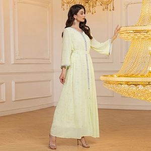 Elegant light yellow chiffon abaya with butterfly patterns and silver jacquard trim