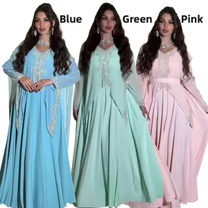 Chiffon kaftan dress with sequins detail showing blue, green, and pink color options