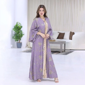 Lavender ethnic kaftan robe with gold sequins and colorful floral embroidery