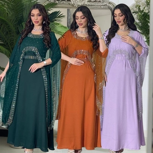 Elegant Rhinestone Beaded Kaftan Abaya Maxi Dress And Shawl For Women Muslim Evening Party Gown Middle Eastern Style