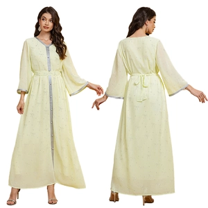 Elegant pale yellow chiffon long abaya dress with butterfly patterns and pearl buttons