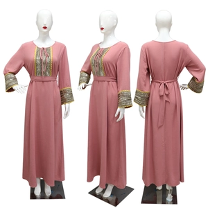 Pink Jalabiya evening dress with silver sequins and lace details shown in three views