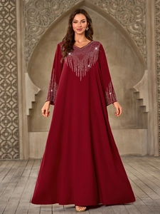 Women Elegant Wine Red Rhinestone V Neck Loose Abaya Long Sleeve Kaftan Muslim Maxi Dress Party Evening Wedding Floor Length