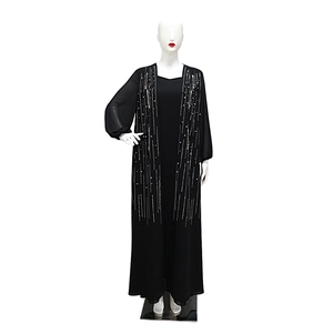 Detail of elegant black abaya featuring vertical sequin and faux pearl embroidery