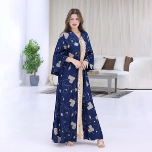 Elegant navy Abaya dress with gold ethnic embroidery and sequins for a modest look