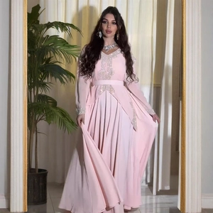 Elegant light pink chiffon kaftan with silver embroidery and intricate beaded details