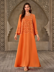 Élégante Robe Abaya Musulmane Orange avec Strass Manches Évasées Kaftan Robe Maxi pour Femmes Ethnique Soirée Robe Longue