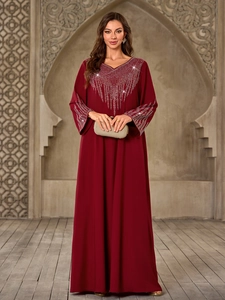 Elegant V-neck long sleeve burgundy maxi dress with silver rhinestone trim details