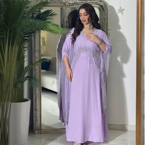 Elegant lavender kaftan maxi dress with sparkling silver sequins and rhinestone details