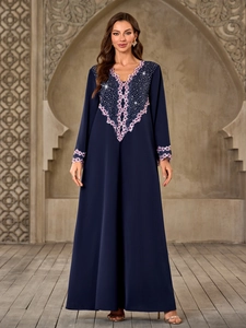 Women Navy Blue Muslim Abaya Dress V Neck Rhinestone Floral Embroidery Long Maxi Kaftan Robe For Evening Party