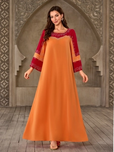 Robe longue élégante orange et bordeaux avec sequins et coupe ample confortable