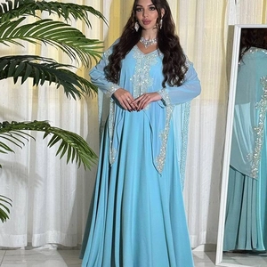 Elegant light blue chiffon kaftan maxi dress with ornate silver embroidery and sequins