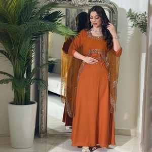 Elegant orange ethnic maxi dress with silver sequins and matching sheer kaftan shawl