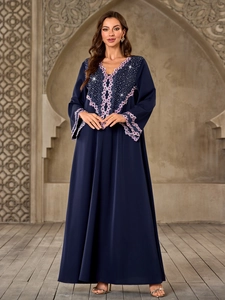 Elegant navy V-neck long abaya with pink floral embroidery and sparkling sequins
