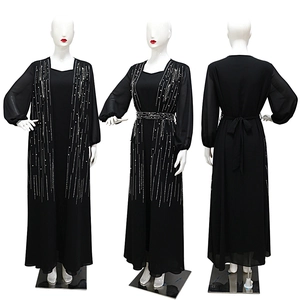 Detailed views of black abaya set with sparkling rhinestones and elegant pearls