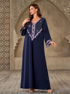 Elegant navy blue V-neck abaya maxi dress with floral embroidery and rhinestones