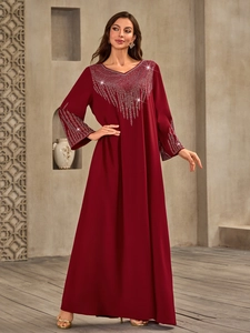 Elegant wine red V-neck maxi dress with sparkling rhinestones on cuffs and neckline