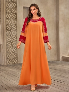 Femmes Musulman Kaftan Abaya Maxi Robe Couleur Contrastée Strass Lâche Manche Longue Ethnique Formelle Fête Robe Orange Et Rouge