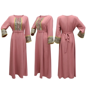 Pink Jalabiya evening gown with sequins and lace details, front side and back view