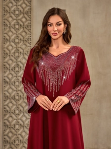 Fashionable dark red V-neck maxi dress with white rhinestone fringe detailing
