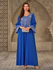 Women Muslim Maxi Dress Royal Blue Rhinestone Kaftan Abaya Long Sleeve Loose Geometric Pattern Party Formal Dress