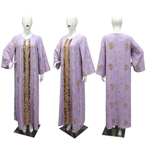 Detail view of ethnic embroidery and sequins on long lavender gown for women