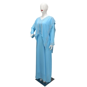 Sky blue chiffon abaya set featuring elegant silver rhinestone detailing on a two-piece robe