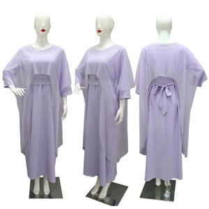 Detailed view of lavender Abaya with silver rhinestone sunburst patterns and back bow tie