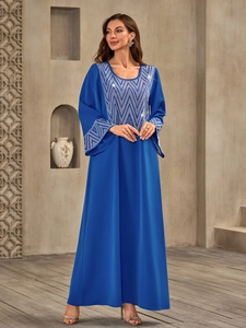 Elegant royal blue Muslim long dress with round neck and silver geometric rhinestone details