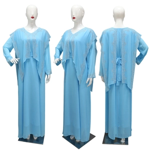 Elegant sky blue chiffon long-sleeve maxi dress with silver sequins in 3-way view