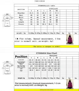 Velvet beaded robe size chart with measurements in inches and centimeters from S to 2XL