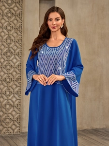 Elegant navy blue kaftan dress with silver rhinestone geometric patterns for women