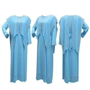 Detailed views of light blue chiffon abaya dress with elegant silver rhinestone embroidery