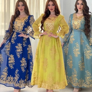 Women Embroidered Maxi Dress Long Sleeve V-Neck Gold Floral Caftan Ethnic Muslim Robe For Party Banquet Wedding