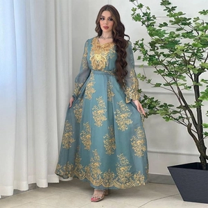 Elegant grey-blue long dress with gold floral embroidery and matching waist belt